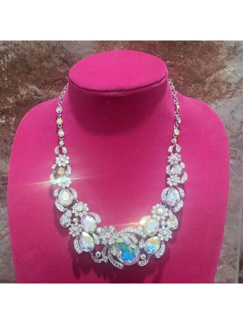 Aurora Borealis AB Rhinestone Floral Bib Necklace Silver Tone Vintage Style Stat